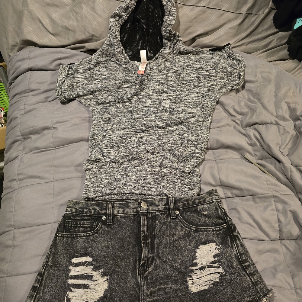 Gray Hooded Top and Black Distressed Denim Skirt